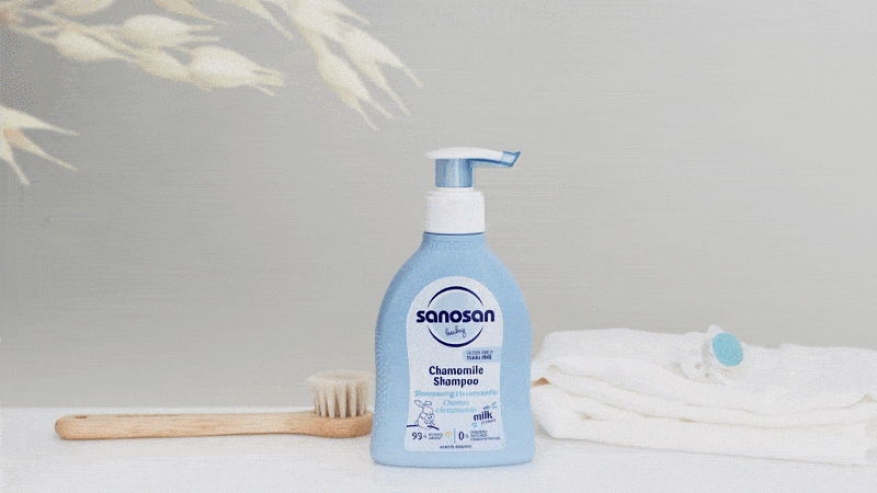 Product photography for Mann & Schröder Cosmetics showing Sonosan baby shampoo in a clean, minimal studio setting GIF